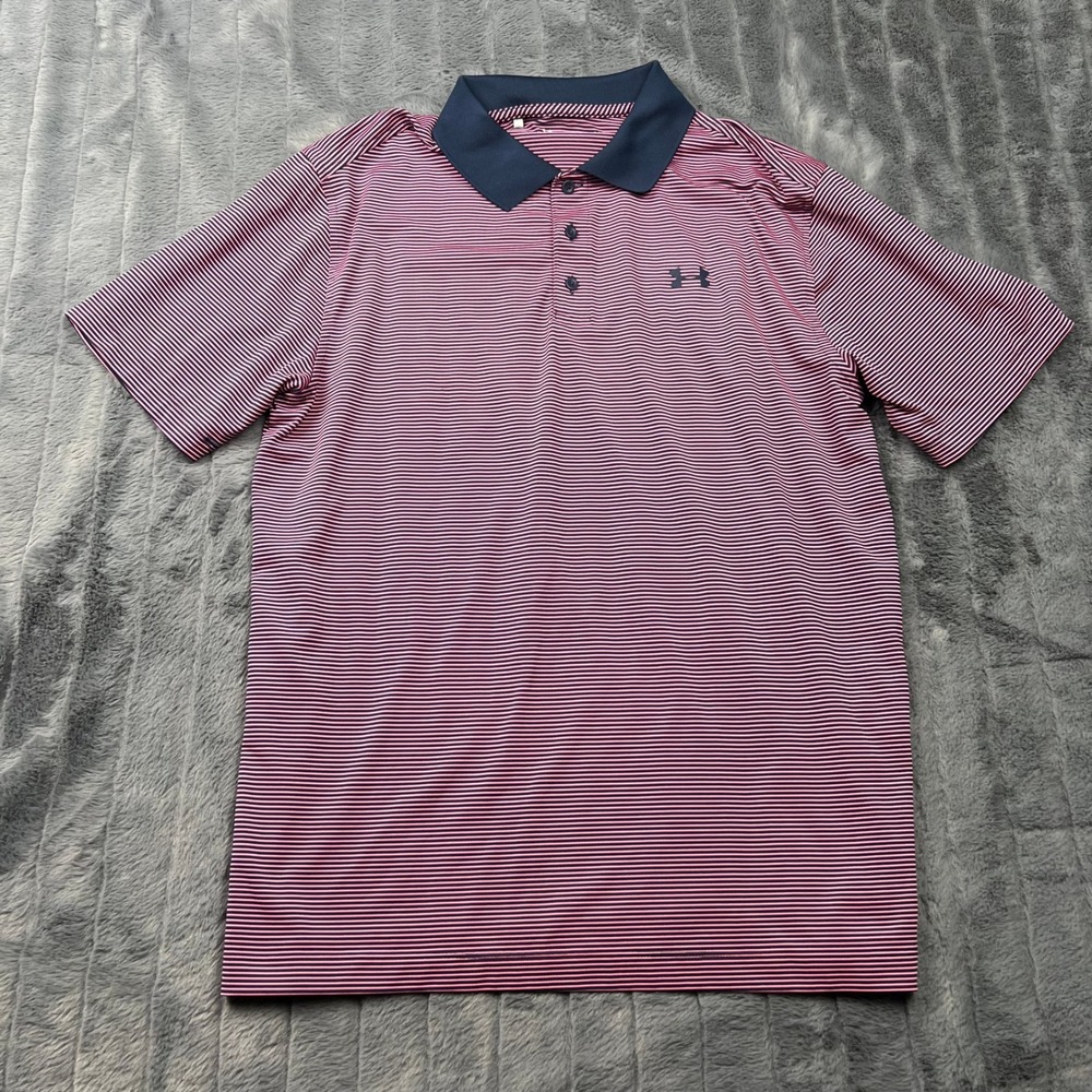 Under Armour Mens HeatGear Polo Shirt Large Pink Navy Blue Striped Loose Fit